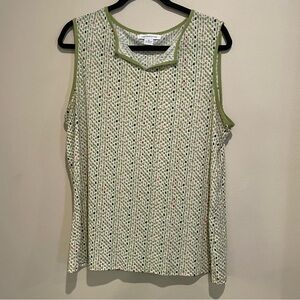 💙Liz Claiborne Trendy Casual Chic green white print sleeveless top, size XL